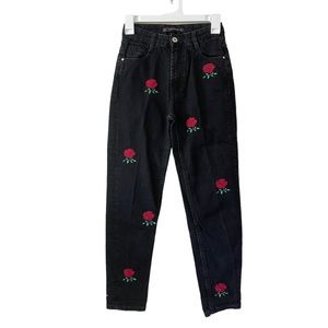 Zara Trafalic Faded Black Denim Rose Embroidered Jeans-Size 0
